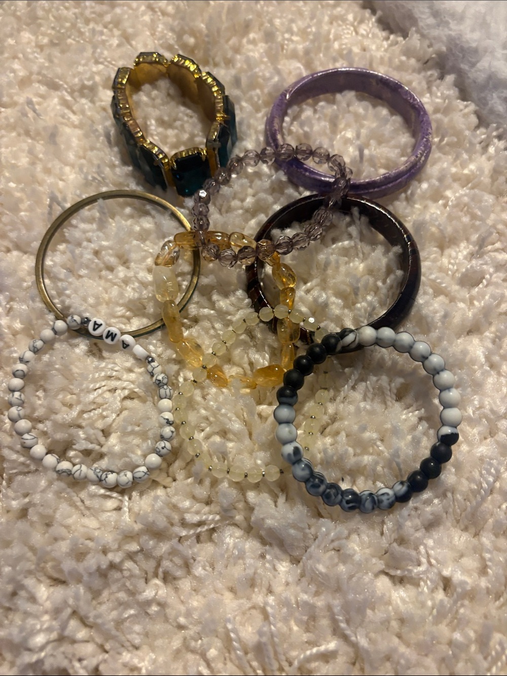 9Assorted Women’s Beaded and Bangle Bracelet Set - Purple, Yellow, Black & White